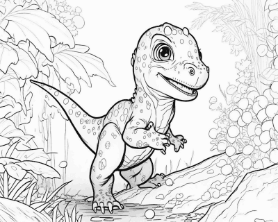 Színező egy nagy szemű, foltos dinoszauruszbébivel egy ösvényen a dzsungelben
